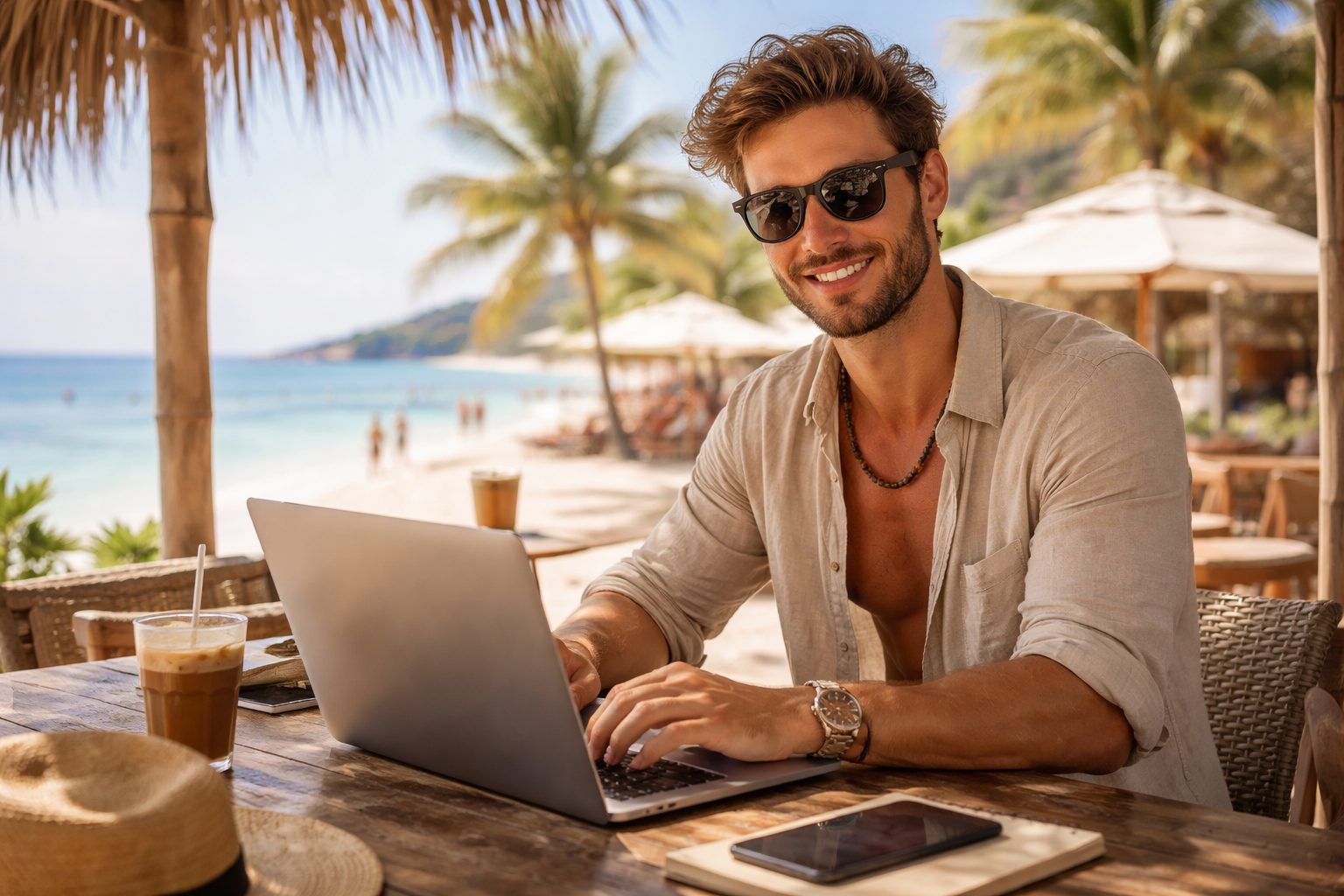 AI Quality Rater working with his laptop on the beach
